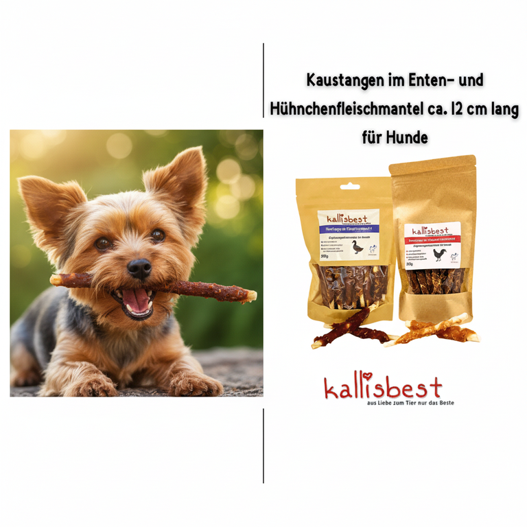 Kaustangen Hühnchen & Ente – kleiner Hund kaut begeistert | Kallisbest