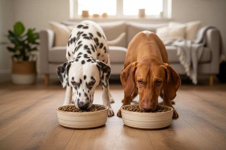 Dalmatiner und Vizsla fressen begeistert Kallisbest hypoallergenes Trockenfutter aus Napf
