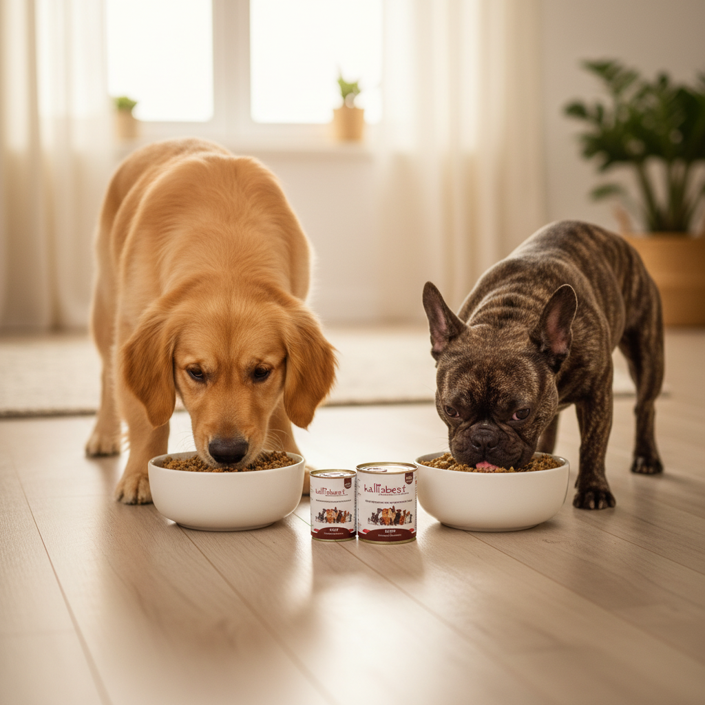 Hunde fressen genüsslich Kallisbest Rind mit Gemüse