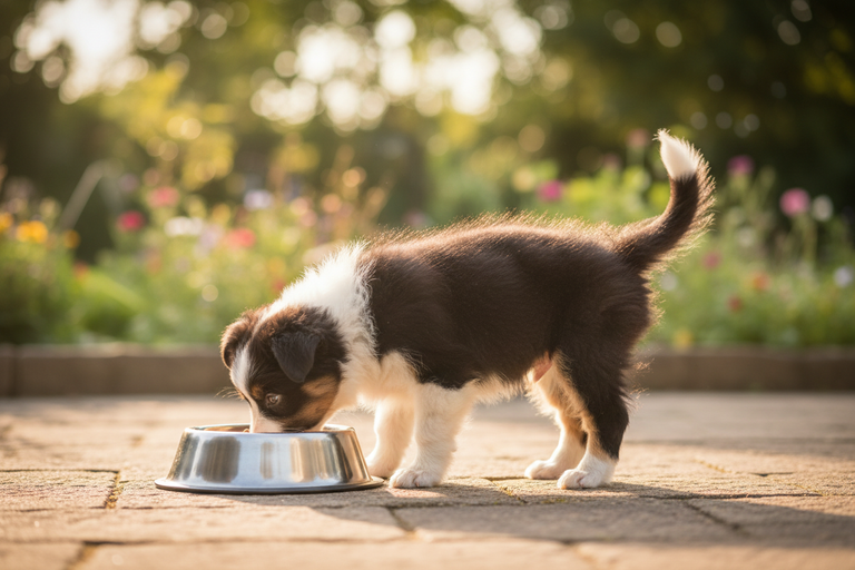 Border Collie Welpe frisst Kallisbest Rinderleber Nassfutter