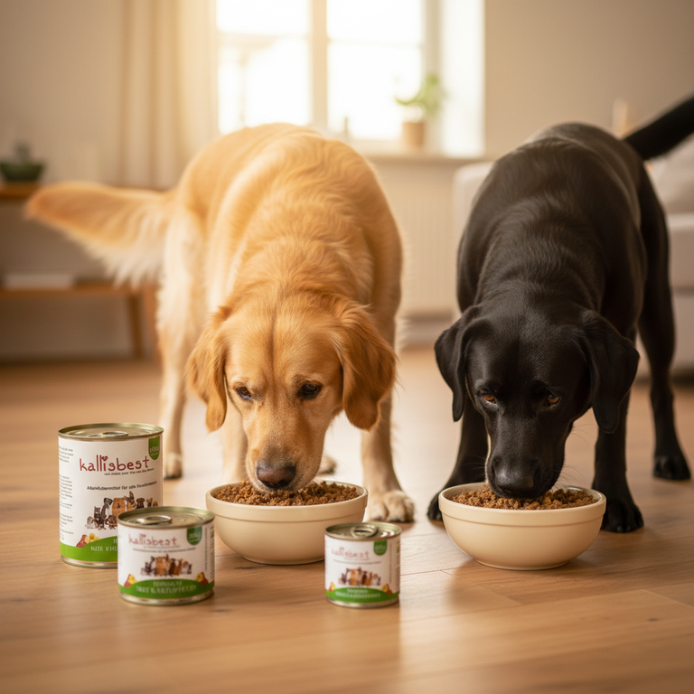 Hunde fressen genüsslich Kallisbest Sensible Plus Hirsch & Kartoffel