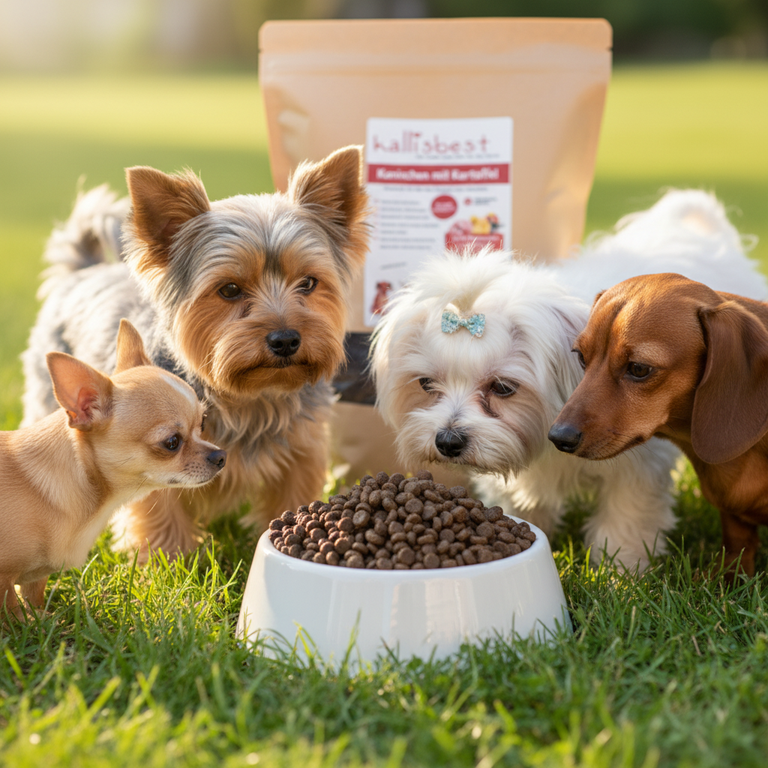 Kaninchen mit Kartoffel Mini Rassen – Kleine Hunderassen outdoor um Napf versammelt - Kallisbest