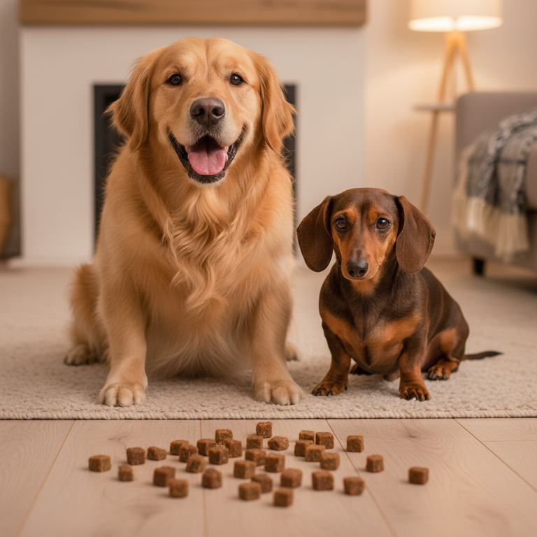 Golden Retriever und Dackel warten auf Fleischwürfel