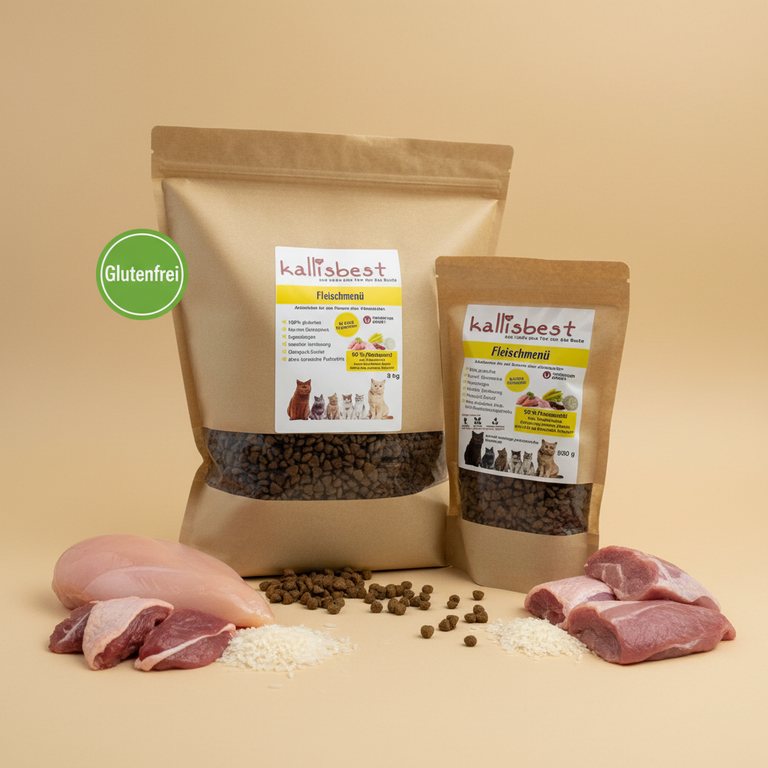 Fleischmenü kleine Kroketten für Katzen & Kitten – Huhn, Ente, Truthahn mit Reis – Kallisbest