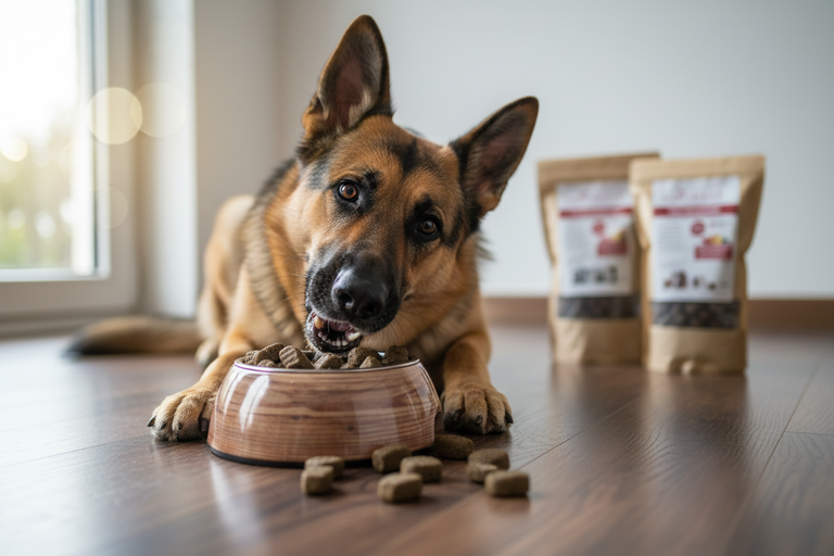Schäferhund frisst begeistert Kallisbest Trockenfutter große Kroketten aus Napf