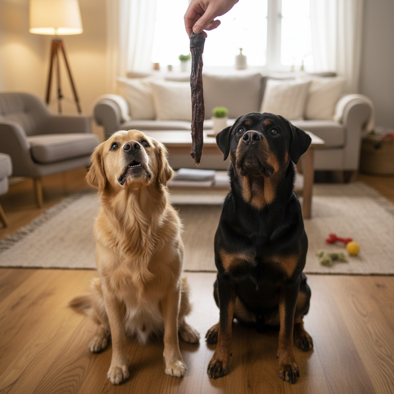 Zwei Hunde warten auf Pferdeziemer