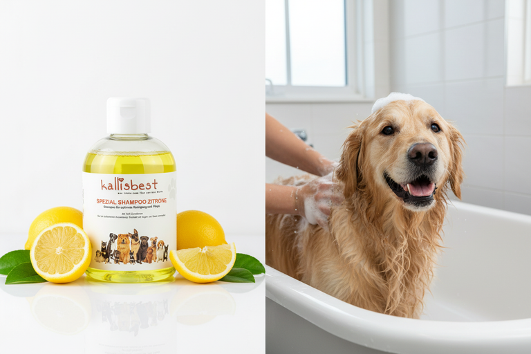Kallisbest Shampoo Zitronenduft – Split-Bild mit Golden Retriever beim Baden