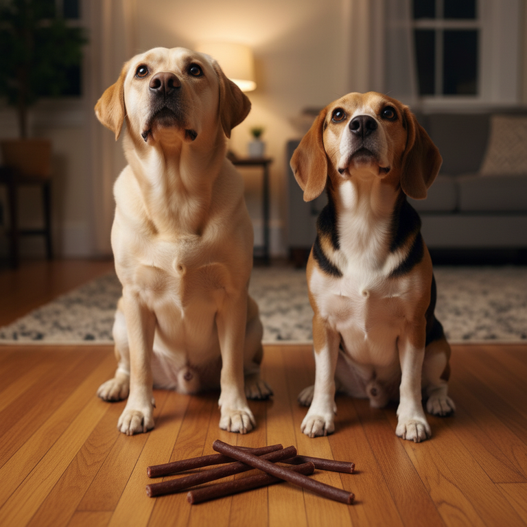 Labrador und Beagle warten auf Fleischsticks