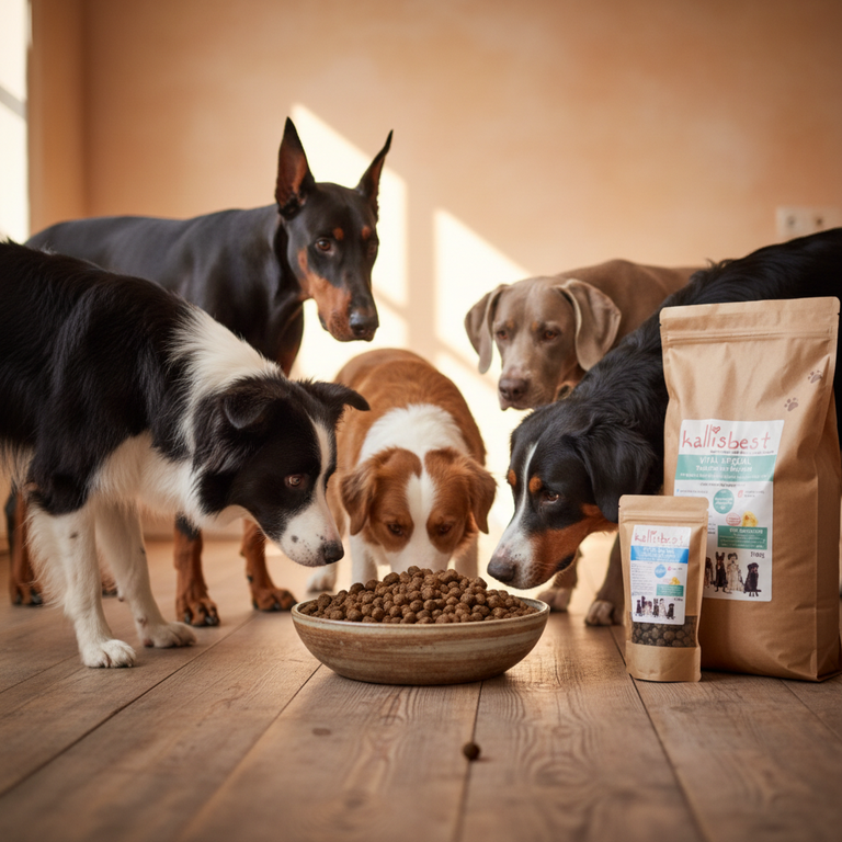 VITAL SPEZIAL Truthahn große Kroketten – Verschiedene Hunderassen indoor um Napf versammelt - Kallisbest