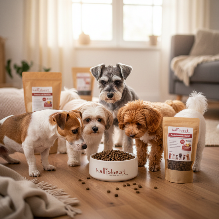 Kaninchen mit Kartoffel Mini Rassen – Kleine Hunderassen indoor um Napf versammelt - Kallisbest