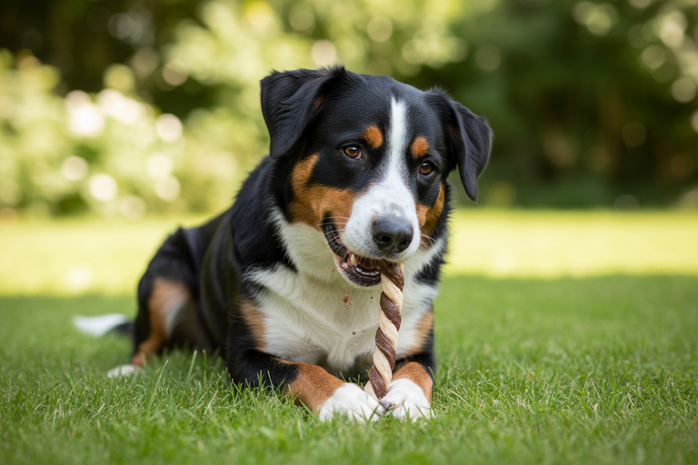 Appenzeller Sennenhund kaut Spirale Sorten-Mix