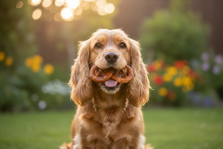 Cocker Spaniel kaut Kallisbest Brezel im Entenfleischmantel