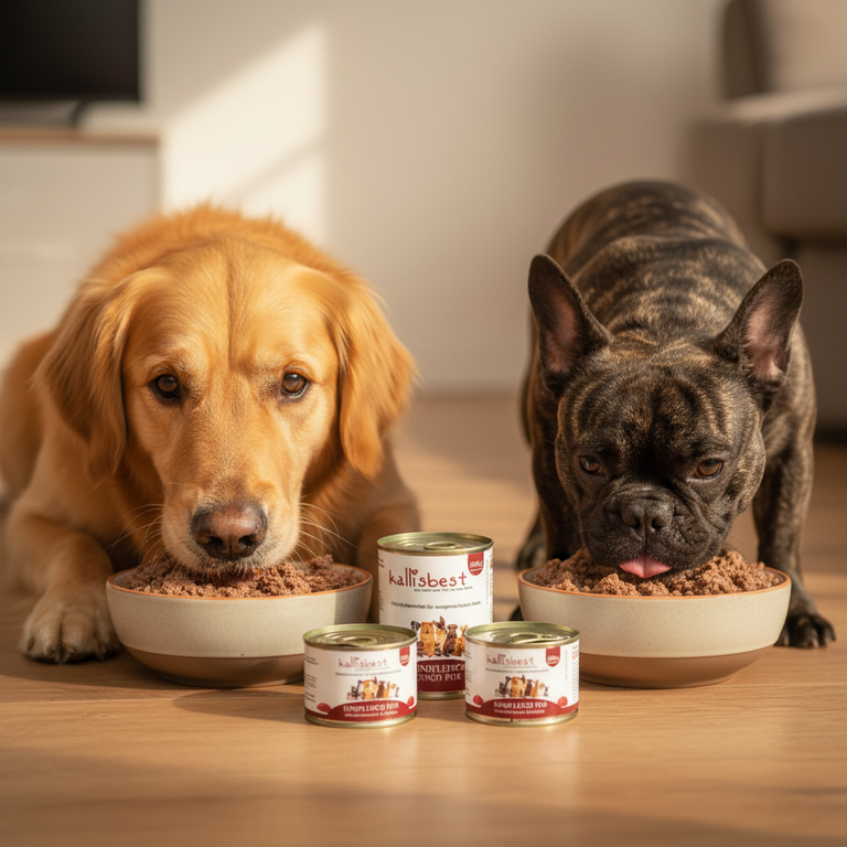 Hunde fressen genüsslich Kallisbest Sensible Rind pur