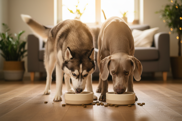 Husky und Weimaraner fressen begeistert Kallisbest getreidefreies Trockenfutter aus Napf
