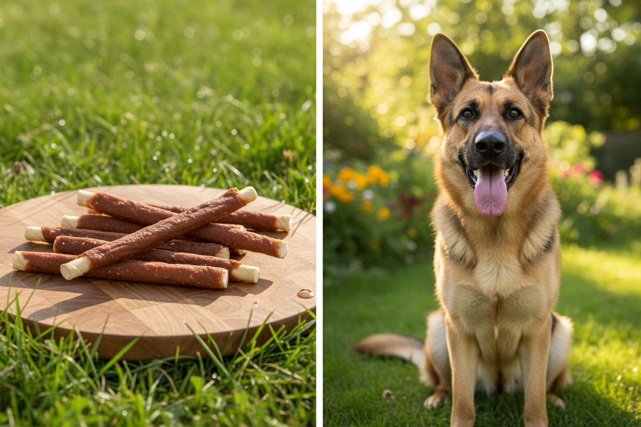 Kallisbest Kaustangen im Entenfleischmantel MAXI 300g auf Holzbrett auf Wiese mit Schäferhund