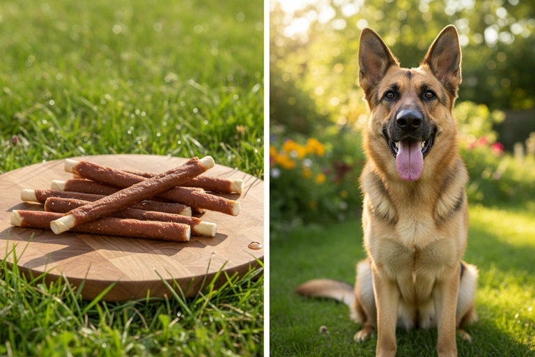Kallisbest Kaustangen im Entenfleischmantel MAXI 300g auf Holzbrett auf Wiese mit Schäferhund