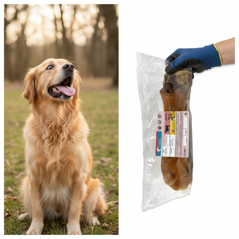 Rinderknochen mit Fleisch – Golden Retriever schaut gierig | Kallisbest