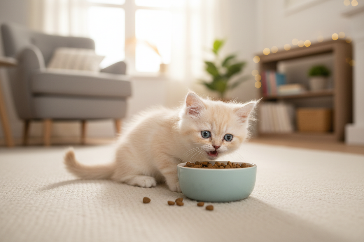 Kitten frisst Kallisbest kleine Kroketten aus dem Napf – Kallisbest