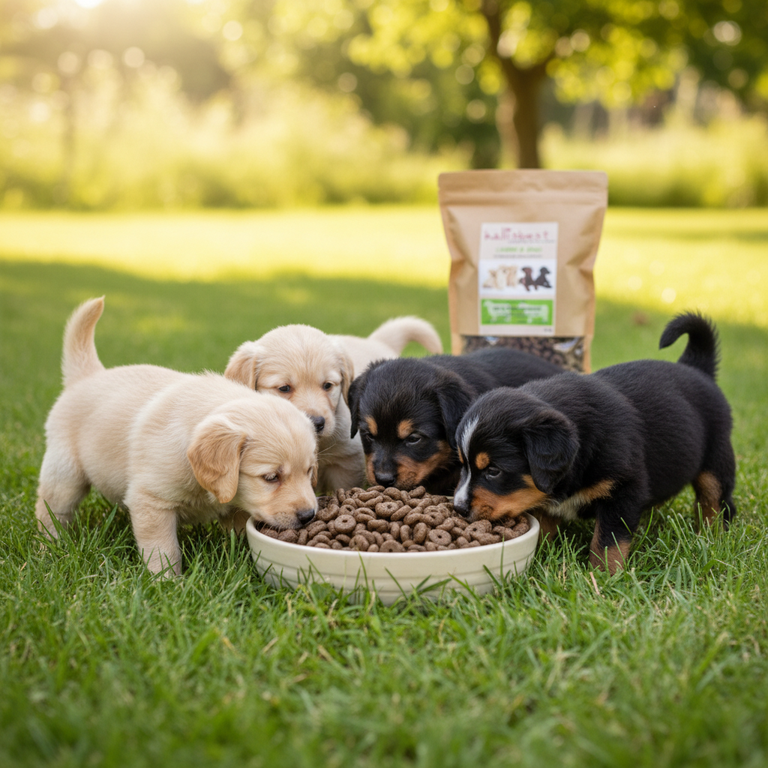 Lamm & Rind für Welpen – Kleine Welpen großer Rassen outdoor um Napf versammelt - Kallisbest