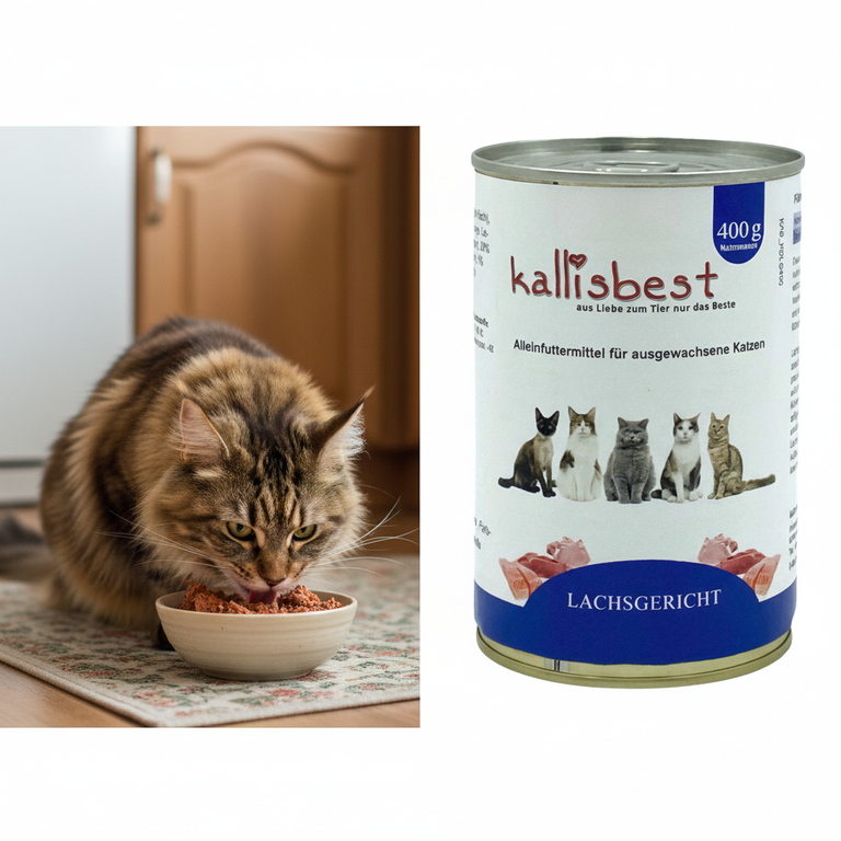 Lachsgericht Nassfutter Katze – Katze frisst aus Napf | Kallisbest