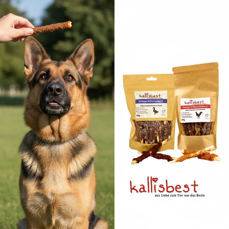 Kaustangen Hühnchen & Ente – Schäferhund schaut gierig | Kallisbest