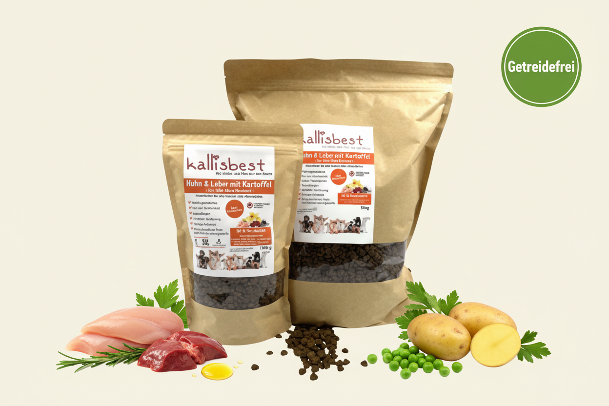 Huhn & Leber mit Kartoffel Mini Hunderassen – Verpackung mit Zutaten und Getreidefrei-Badge