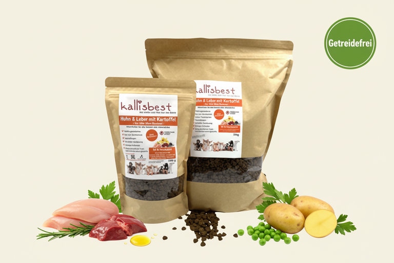 Huhn & Leber mit Kartoffel Mini Hunderassen – Verpackung mit Zutaten und Getreidefrei-Badge