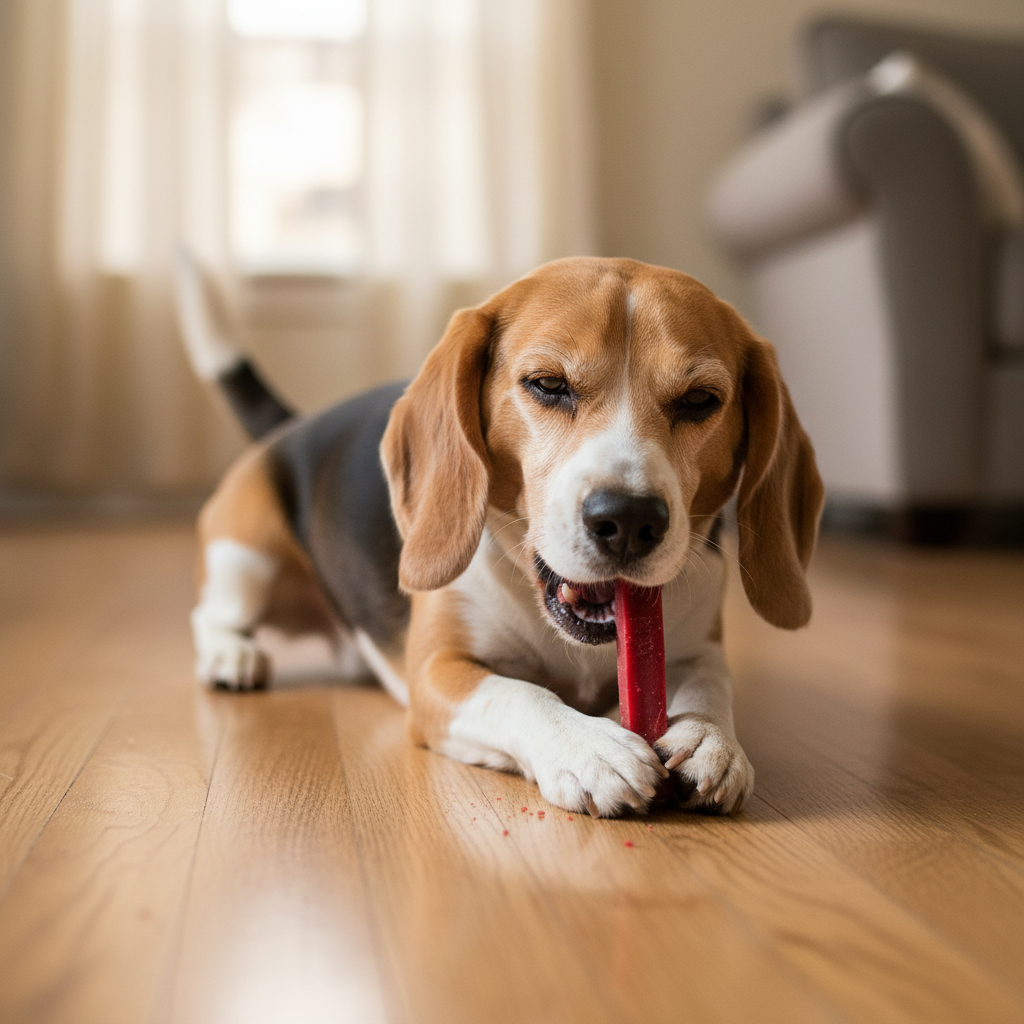 Beagle frisst Himalaya Yak Kaukäse Erdbeeren & Tryptophan