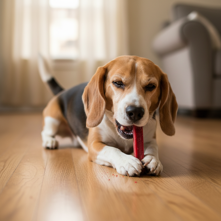 Beagle frisst Himalaya Yak Kaukäse Erdbeeren & Tryptophan