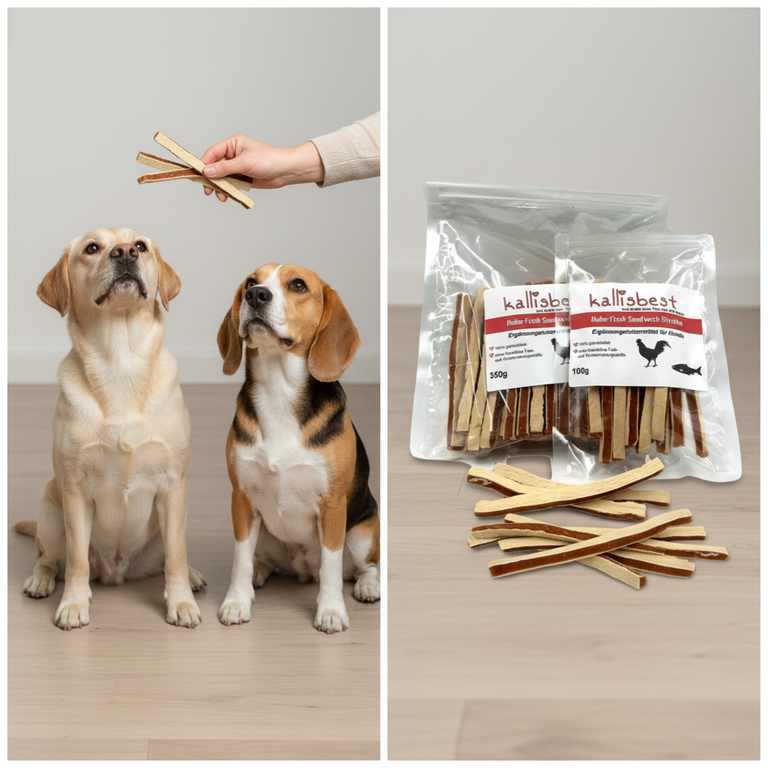 Huhn-Fisch Sandwich Streifen – Labrador und Beagle im Training