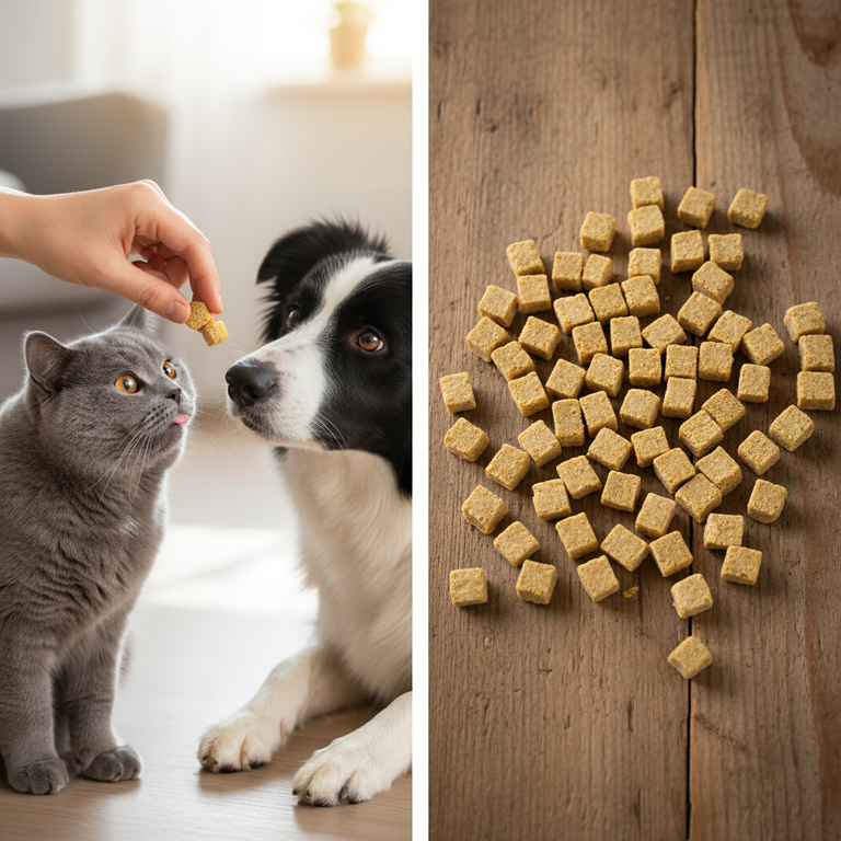 Kaninchenfleischwürfel – BKH und Border Collie mit Würfeln auf Holz