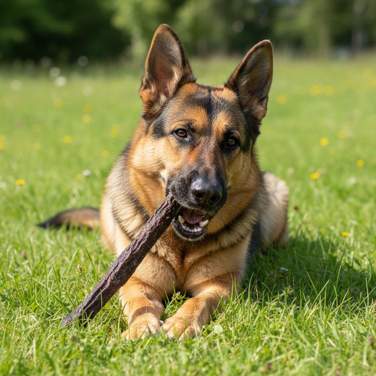 Schäferhund frisst Pferdeziemer