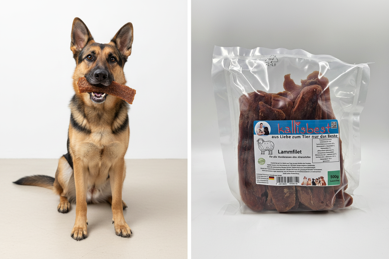 Schäferhund frisst Lammfilet Snack – Kallisbest