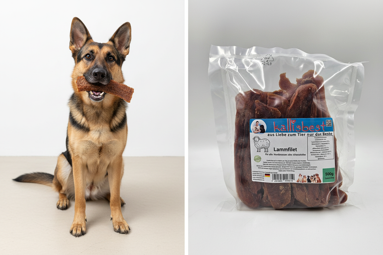 Schäferhund frisst Lammfilet Snack – Kallisbest
