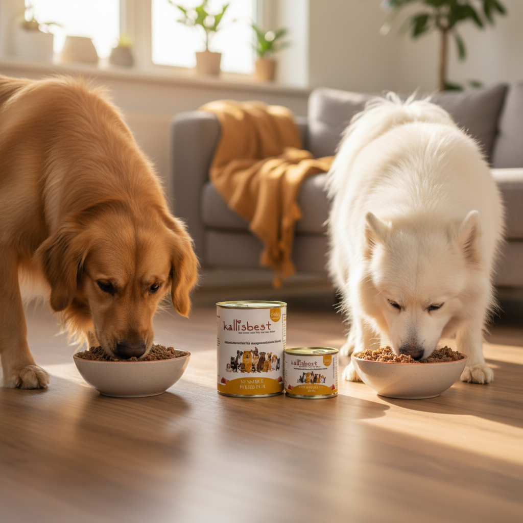 Hunde fressen genüsslich Kallisbest Pferdefleisch pur