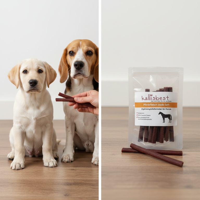 Pferdefleisch Sticks Soft – Labrador Welpe und Senior Beagle im Training