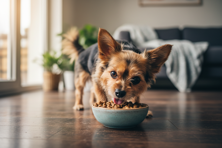 Kleiner Hund frisst begeistert Kallisbest Trockenfutter kleine Kroketten aus Napf