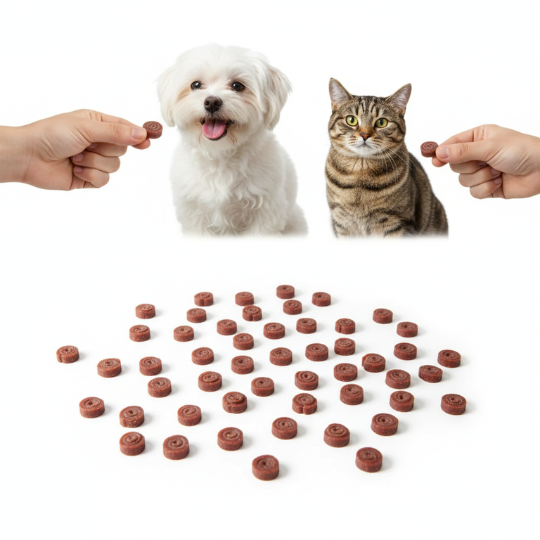 Lachs & Hühnchen Soft-Röllchen – Malteser und Tabby-Katze werden gefüttert