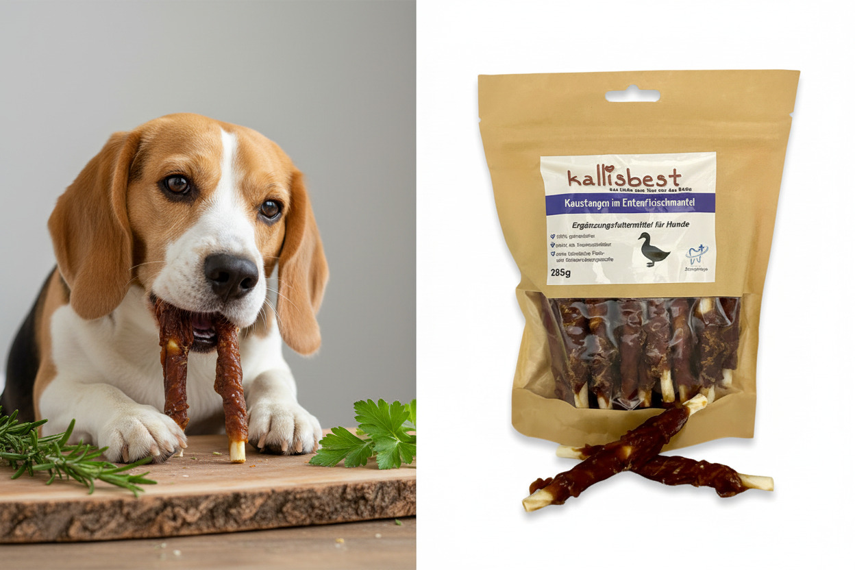 Kaustangen im Entenfleischmantel ca. 12 cm – Split-Bild mit Beagle