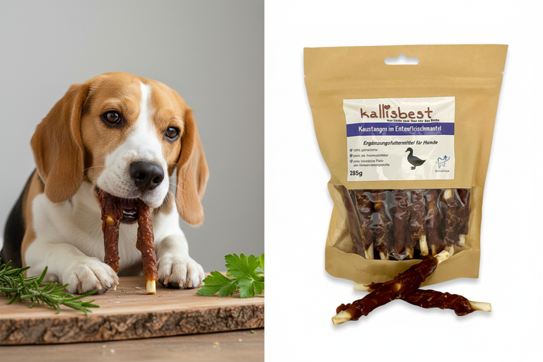 Kaustangen im Entenfleischmantel ca. 12 cm – Split-Bild mit Beagle