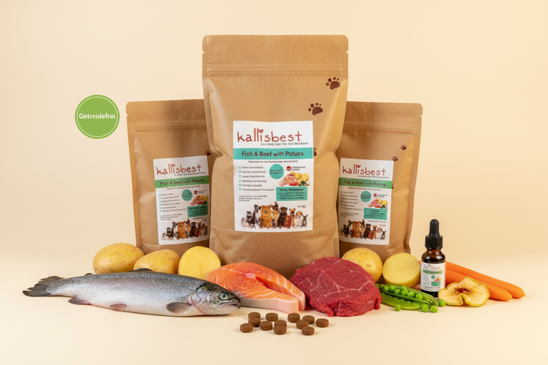 Fisch & Rind mit Kartoffel mittlere Kroketten – Verpackung mit Zutaten und Getreidefrei-Badge