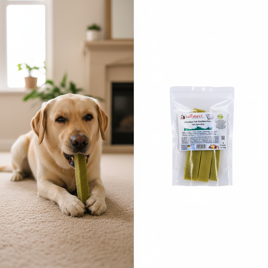 Himalaya Yak Kaukäse mit Spirulina – Split Bild Hund frisst und Produkt