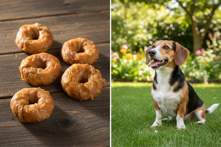 Kallisbest Donut im Hühnchenfleischmantel S – Split-Bild mit Beagle