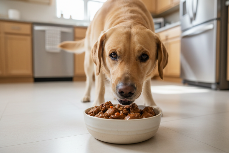 Labrador mit Napf – Huhn mit Karotte Nassfutter