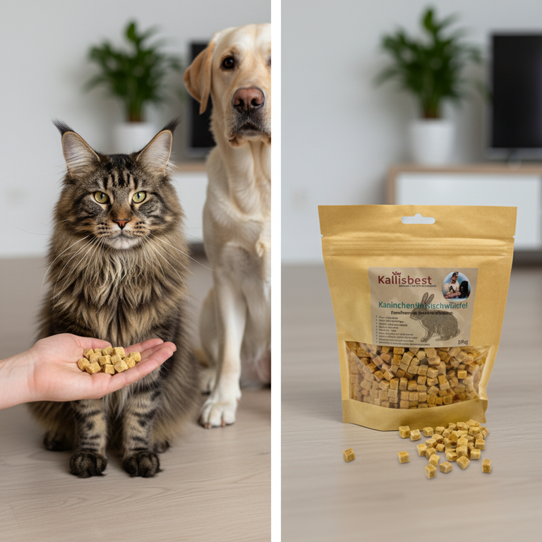 Kaninchenfleischwürfel – Maine Coon und Labrador im Training