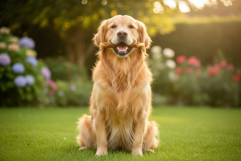 Golden Retriever kaut Kallisbest Kaustange im Hühnchenfleischmantel MAXI