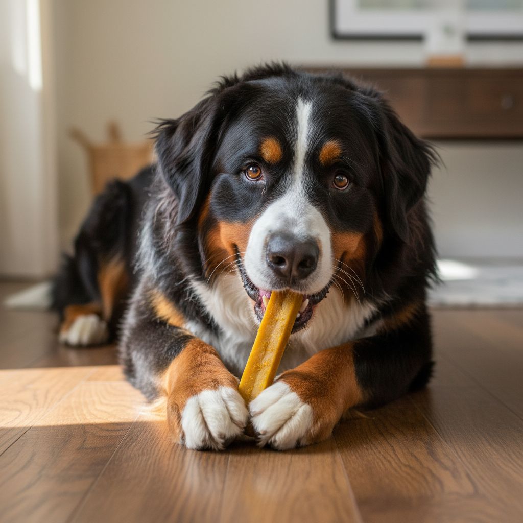 Berner Sennenhund frisst Himalaya Yak Kaukäse Kurkuma & Glucosamin