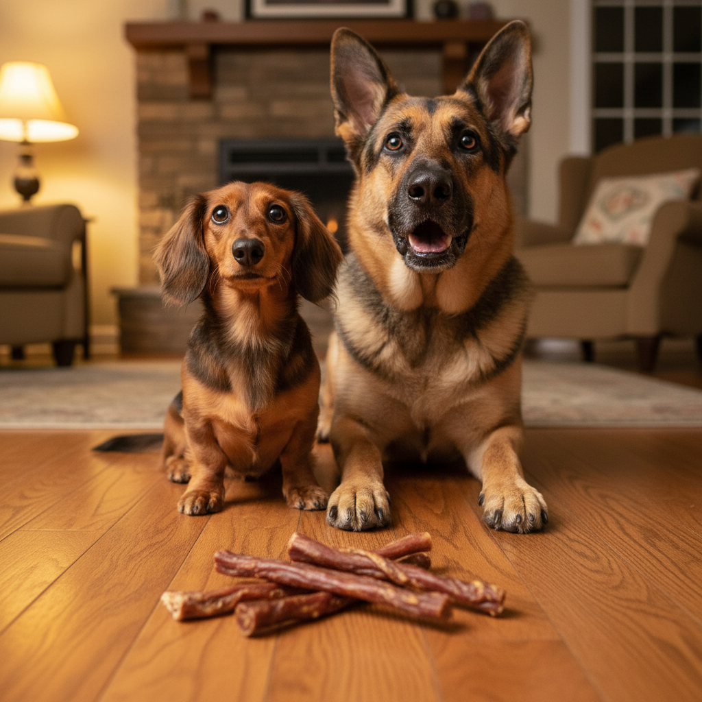 Dackel und Schäferhund warten auf Pferdemagen