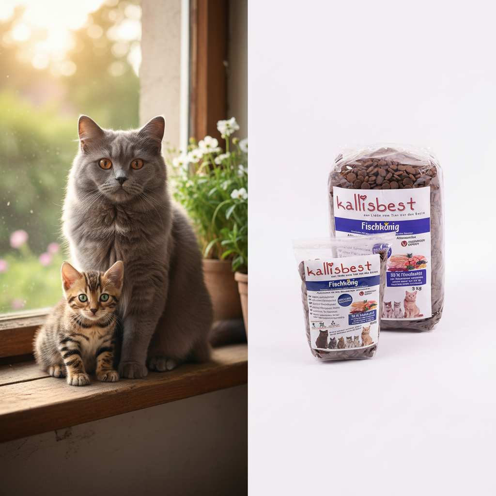Fischkönig für Katzen – British Shorthair und Bengal Kitten mit Kallisbest Produktverpackung