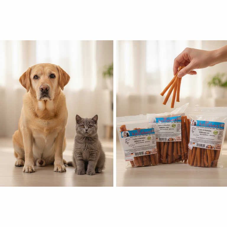 Lachs & Kabeljau Stäbchen – Senior Labrador und BKH Kitten mit Kallisbest Verpackung
